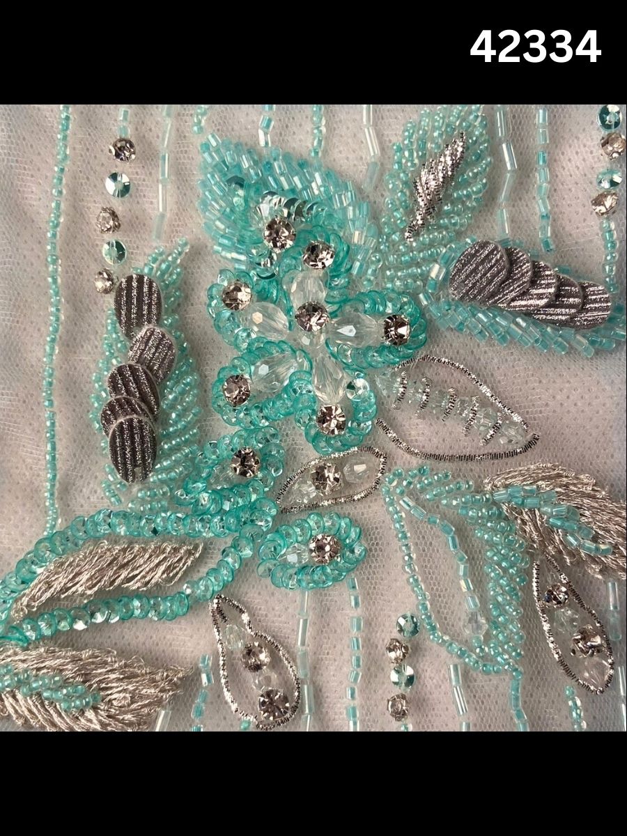 #42334 Delicate Hand-Beaded Fabric with Floral Design – Embellished with Beads, Crystals, Sequins, Rhinestones, and Intricate Thread Work for Couture, Bridal, and Luxury Fashion
