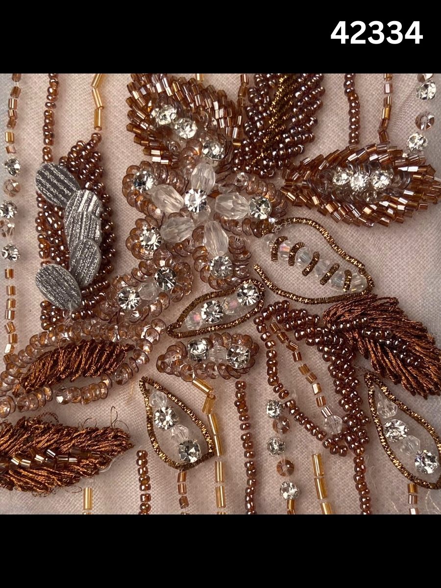 #42334 Delicate Hand-Beaded Fabric with Floral Design – Embellished with Beads, Crystals, Sequins, Rhinestones, and Intricate Thread Work for Couture, Bridal, and Luxury Fashion