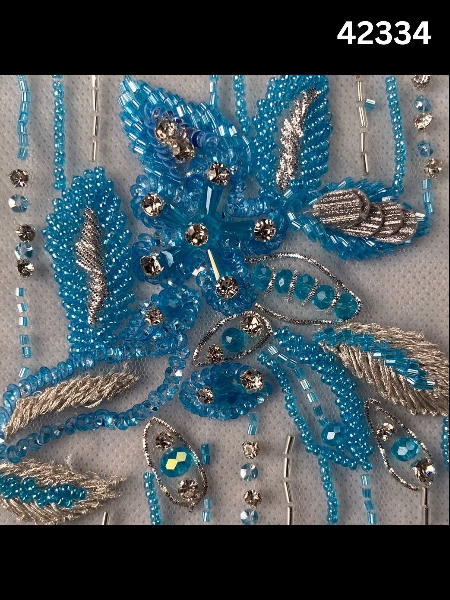#42334 Delicate Hand-Beaded Fabric with Floral Design – Embellished with Beads, Crystals, Sequins, Rhinestones, and Intricate Thread Work for Couture, Bridal, and Luxury Fashion
