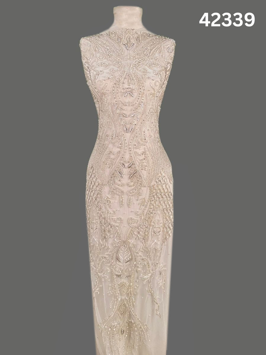 #42339 Exquisite Hand-Beaded Dress Panel with Asymmetric Design – Embellished with Crystals, Beads, and Rhinestones for Couture, Bridal, and Eveningwear Gowns