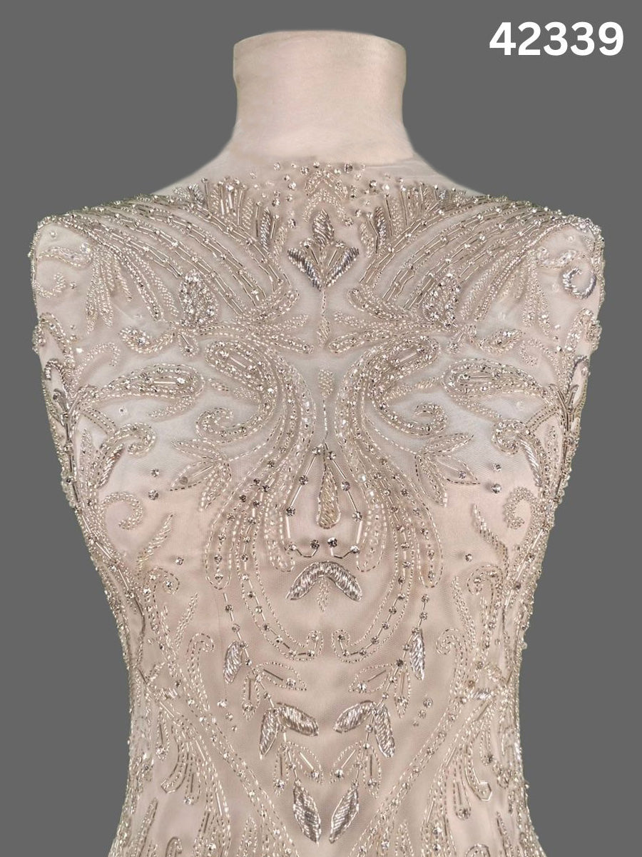 #42339 Exquisite Hand-Beaded Dress Panel with Asymmetric Design – Embellished with Crystals, Beads, and Rhinestones for Couture, Bridal, and Eveningwear Gowns