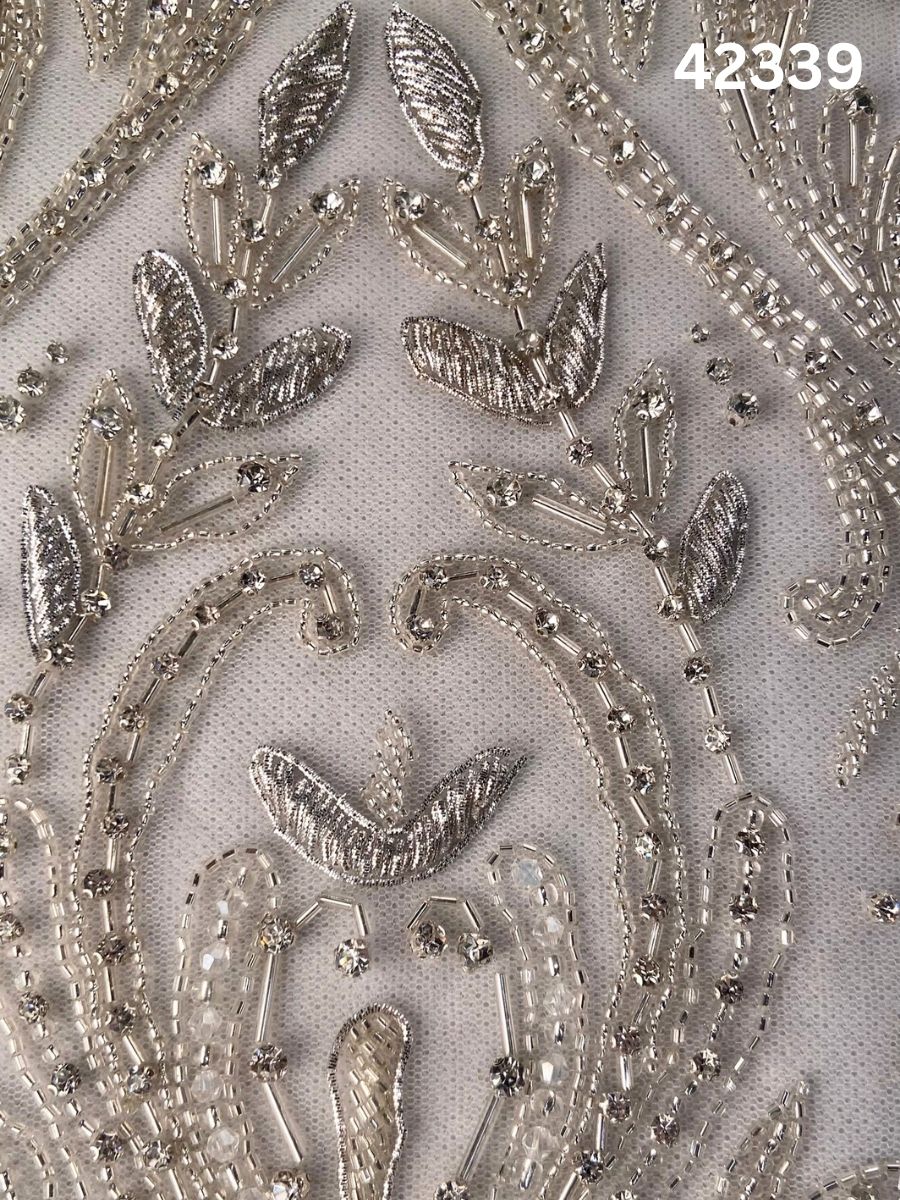 #42339 Exquisite Hand-Beaded Dress Panel with Asymmetric Design – Embellished with Crystals, Beads, and Rhinestones for Couture, Bridal, and Eveningwear Gowns