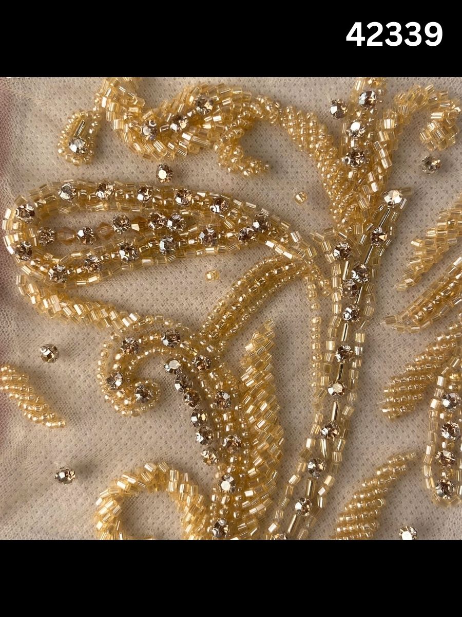 #42339 Exquisite Hand-Beaded Dress Panel with Asymmetric Design – Embellished with Crystals, Beads, and Rhinestones for Couture, Bridal, and Eveningwear Gowns