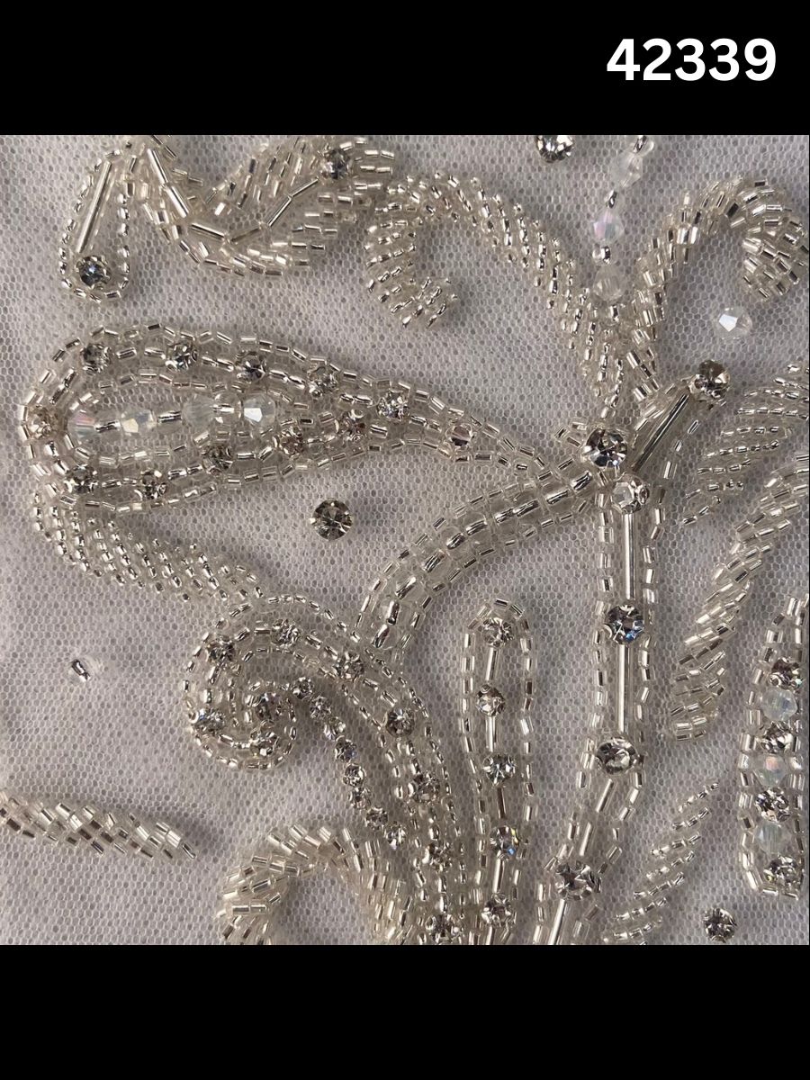 #42339 Exquisite Hand-Beaded Dress Panel with Asymmetric Design – Embellished with Crystals, Beads, and Rhinestones for Couture, Bridal, and Eveningwear Gowns