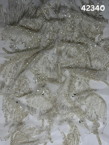 #42340 Luxurious Hand-Beaded Fabric with Abstract Design – Embellished with Intricate Beads and Sparkling Rhinestones for Couture, Bridal, and Eveningwear Creations