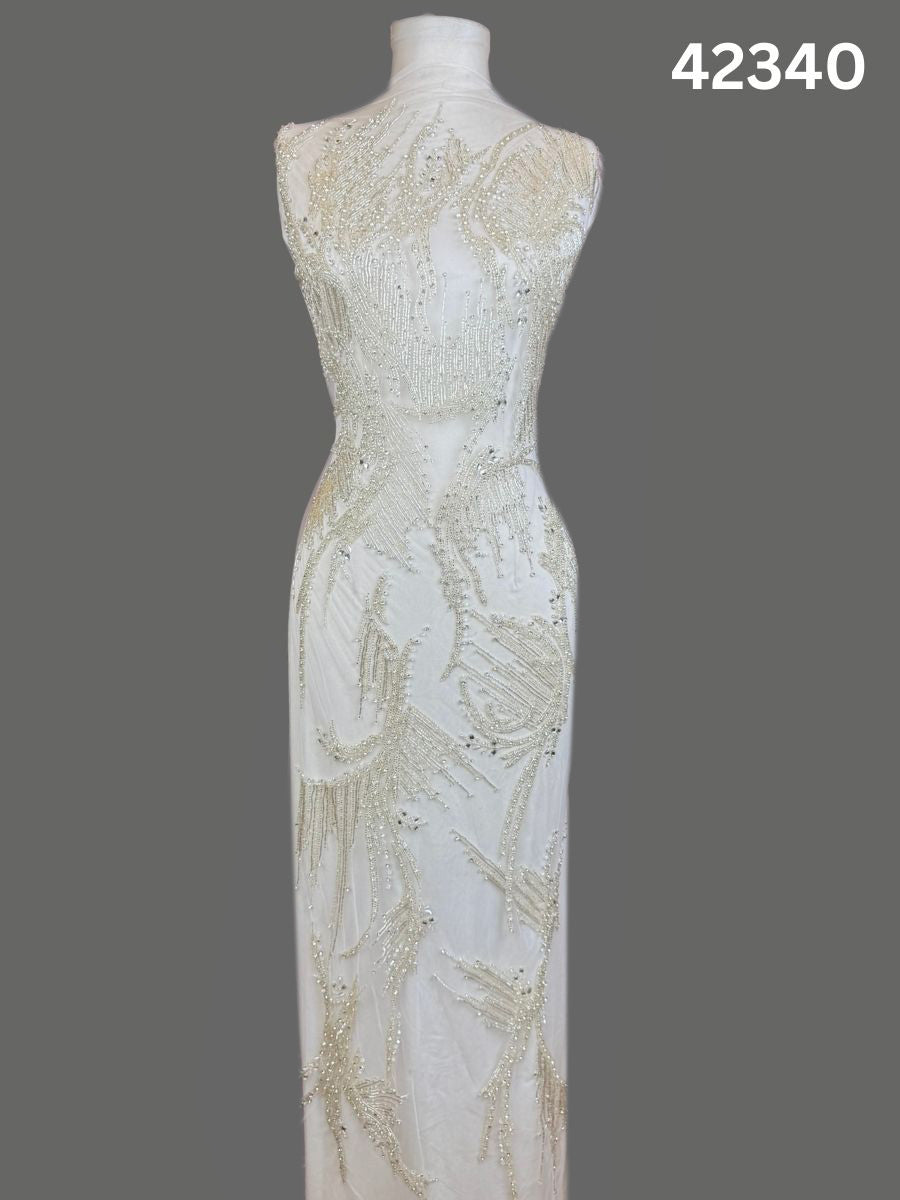 #42340 Luxurious Hand-Beaded Fabric with Abstract Design – Embellished with Intricate Beads and Sparkling Rhinestones for Couture, Bridal, and Eveningwear Creations