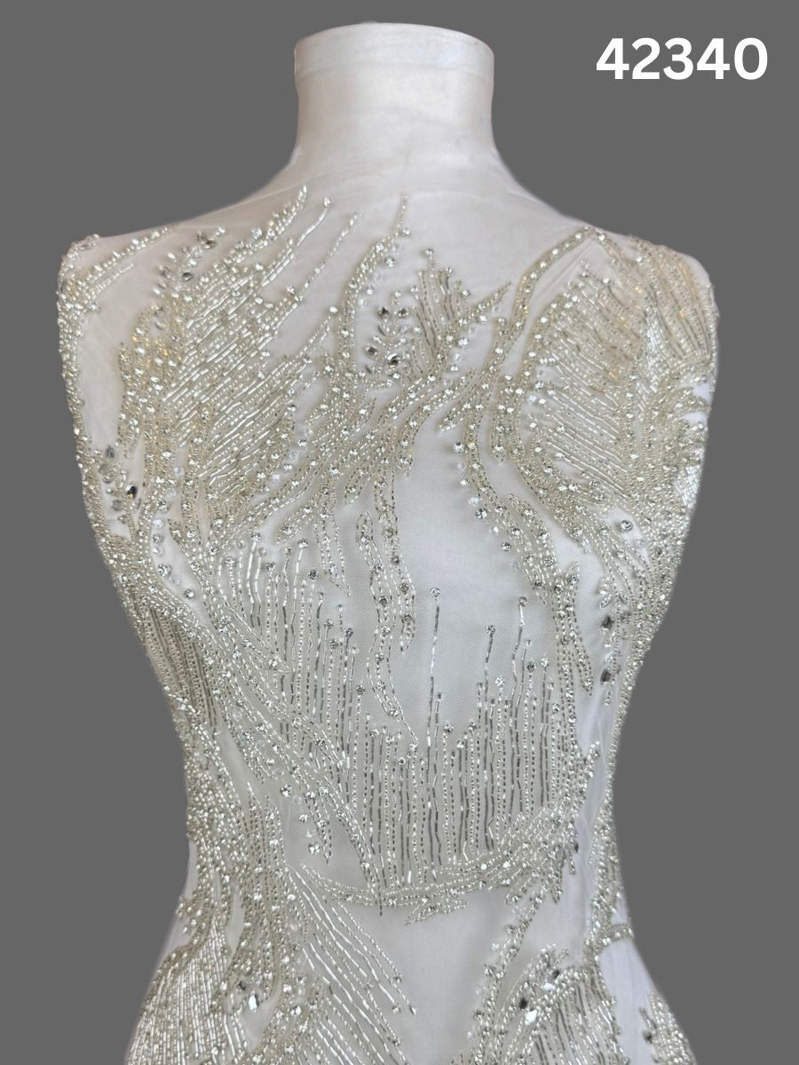 #42340 Luxurious Hand-Beaded Fabric with Abstract Design – Embellished with Intricate Beads and Sparkling Rhinestones for Couture, Bridal, and Eveningwear Creations