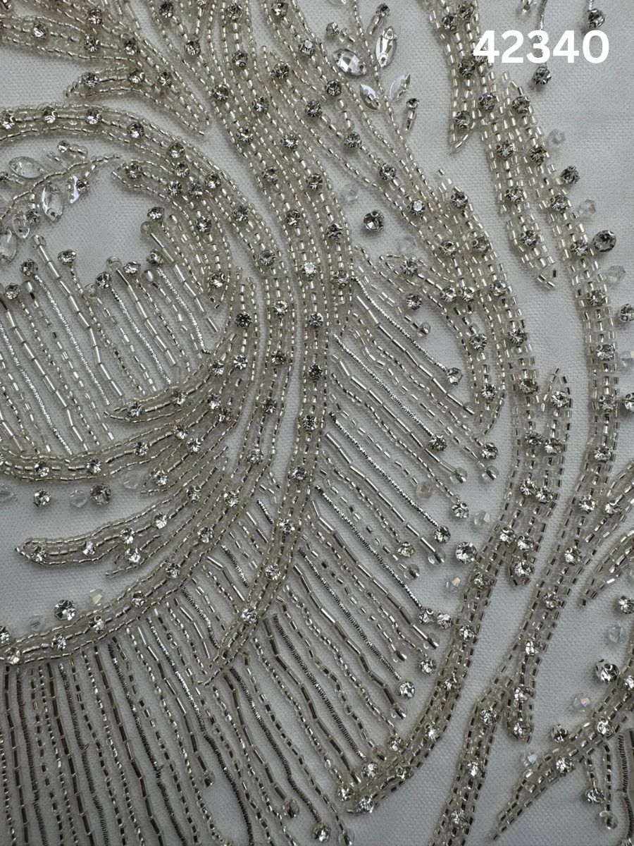 #42340 Luxurious Hand-Beaded Fabric with Abstract Design – Embellished with Intricate Beads and Sparkling Rhinestones for Couture, Bridal, and Eveningwear Creations