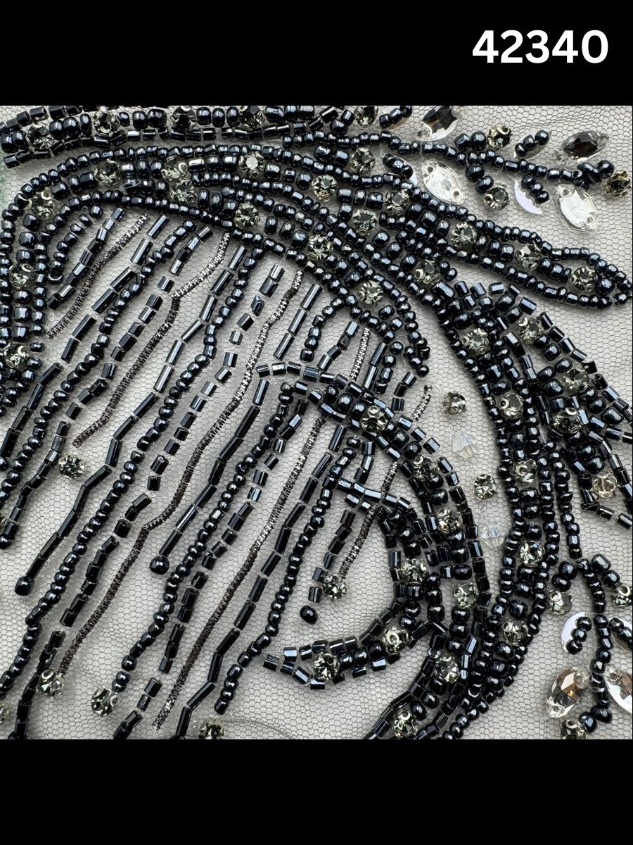 #42340 Luxurious Hand-Beaded Fabric with Abstract Design – Embellished with Intricate Beads and Sparkling Rhinestones for Couture, Bridal, and Eveningwear Creations