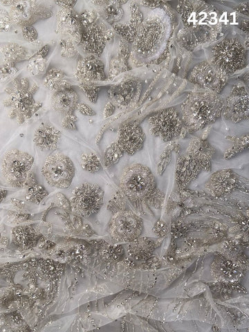 #42341 Elegant Hand-Beaded Fabric with Intricate Floral Design – Embellished with Rhinestones, Sequins, Crystals, and Beads for Couture, Bridal, and Luxury Fashion
