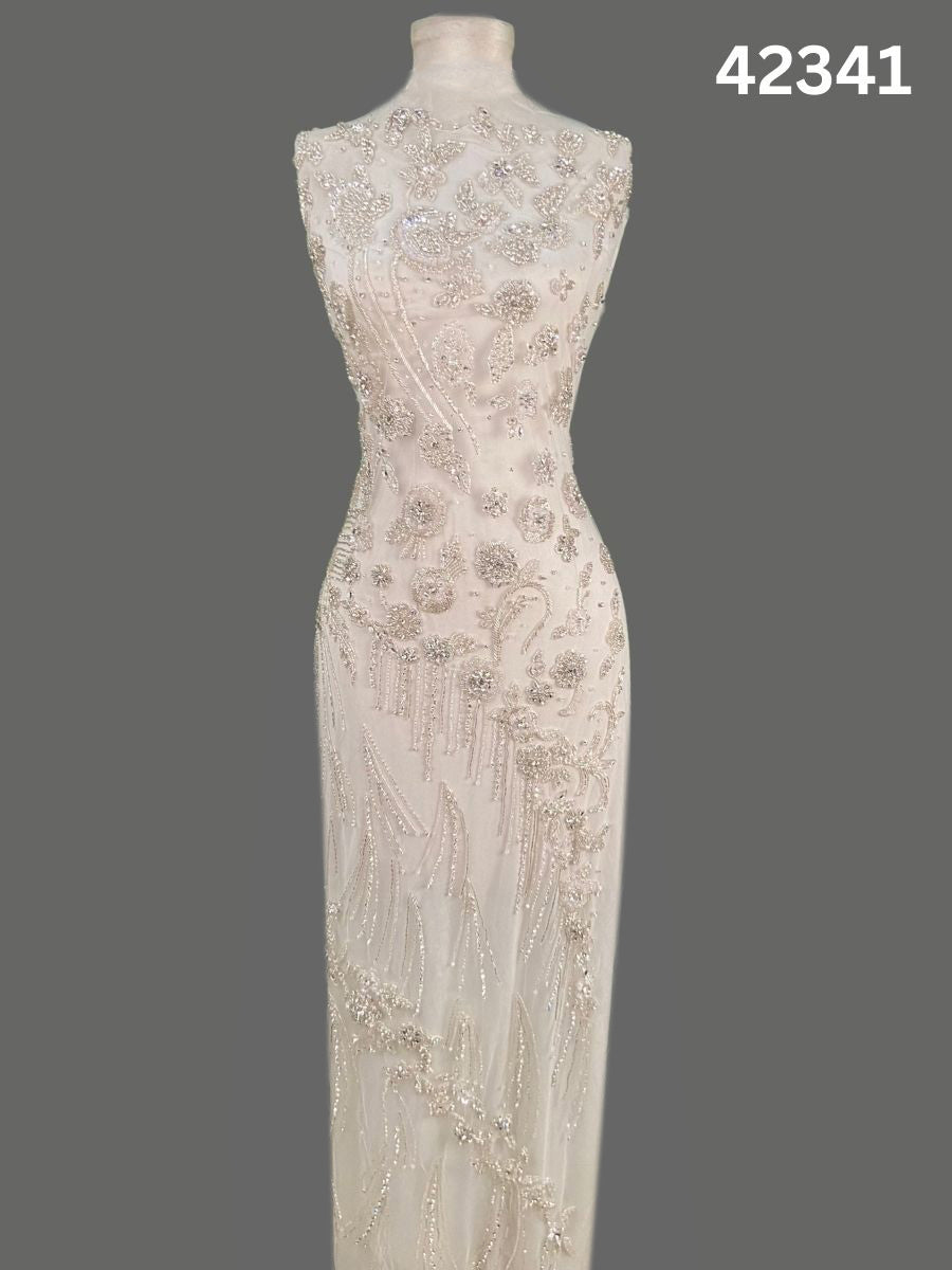 #42341 Elegant Hand-Beaded Fabric with Intricate Floral Design – Embellished with Rhinestones, Sequins, Crystals, and Beads for Couture, Bridal, and Luxury Fashion