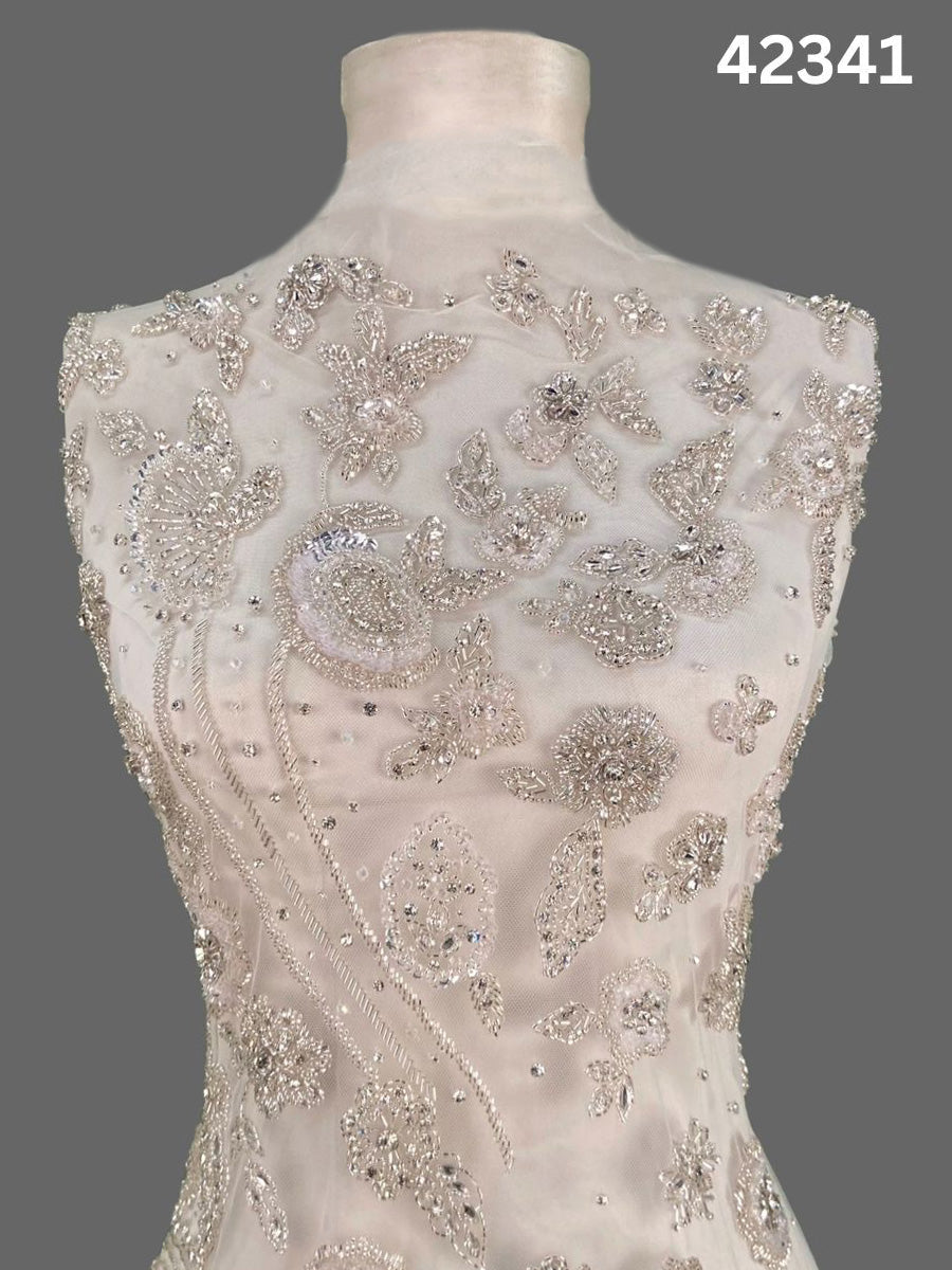 #42341 Elegant Hand-Beaded Fabric with Intricate Floral Design – Embellished with Rhinestones, Sequins, Crystals, and Beads for Couture, Bridal, and Luxury Fashion