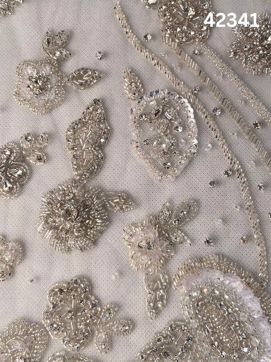 #42341 Elegant Hand-Beaded Fabric with Intricate Floral Design – Embellished with Rhinestones, Sequins, Crystals, and Beads for Couture, Bridal, and Luxury Fashion