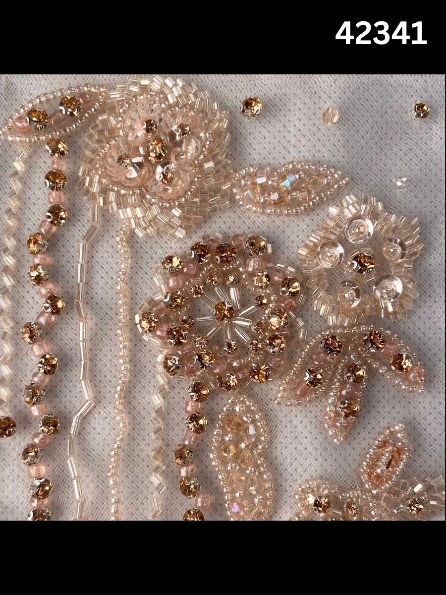 #42341 Elegant Hand-Beaded Fabric with Intricate Floral Design – Embellished with Rhinestones, Sequins, Crystals, and Beads for Couture, Bridal, and Luxury Fashion