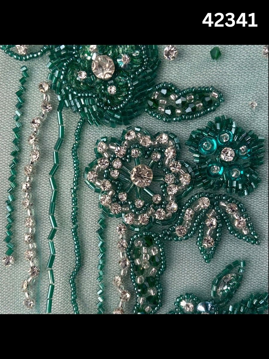 #42341 Elegant Hand-Beaded Fabric with Intricate Floral Design – Embellished with Rhinestones, Sequins, Crystals, and Beads for Couture, Bridal, and Luxury Fashion