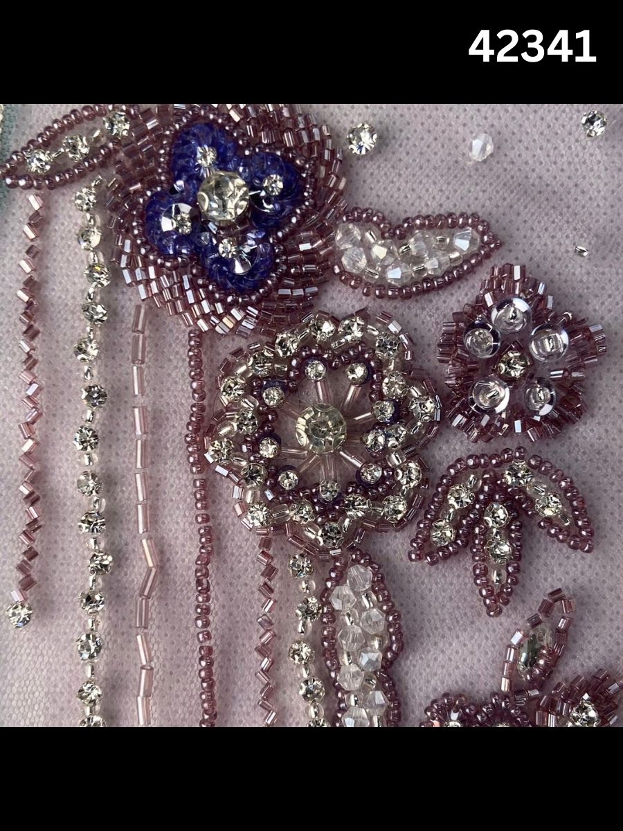 #42341 Elegant Hand-Beaded Fabric with Intricate Floral Design – Embellished with Rhinestones, Sequins, Crystals, and Beads for Couture, Bridal, and Luxury Fashion