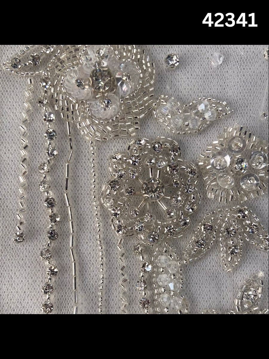 #42341 Elegant Hand-Beaded Fabric with Intricate Floral Design – Embellished with Rhinestones, Sequins, Crystals, and Beads for Couture, Bridal, and Luxury Fashion