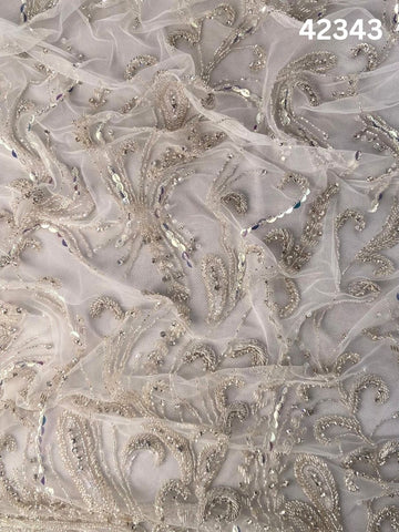 #42343 Exquisite Hand-Beaded Silver Bridal Fabric with Rhinestones, Beads, Sequins, and Intricate Thread Work for Timeless Elegance