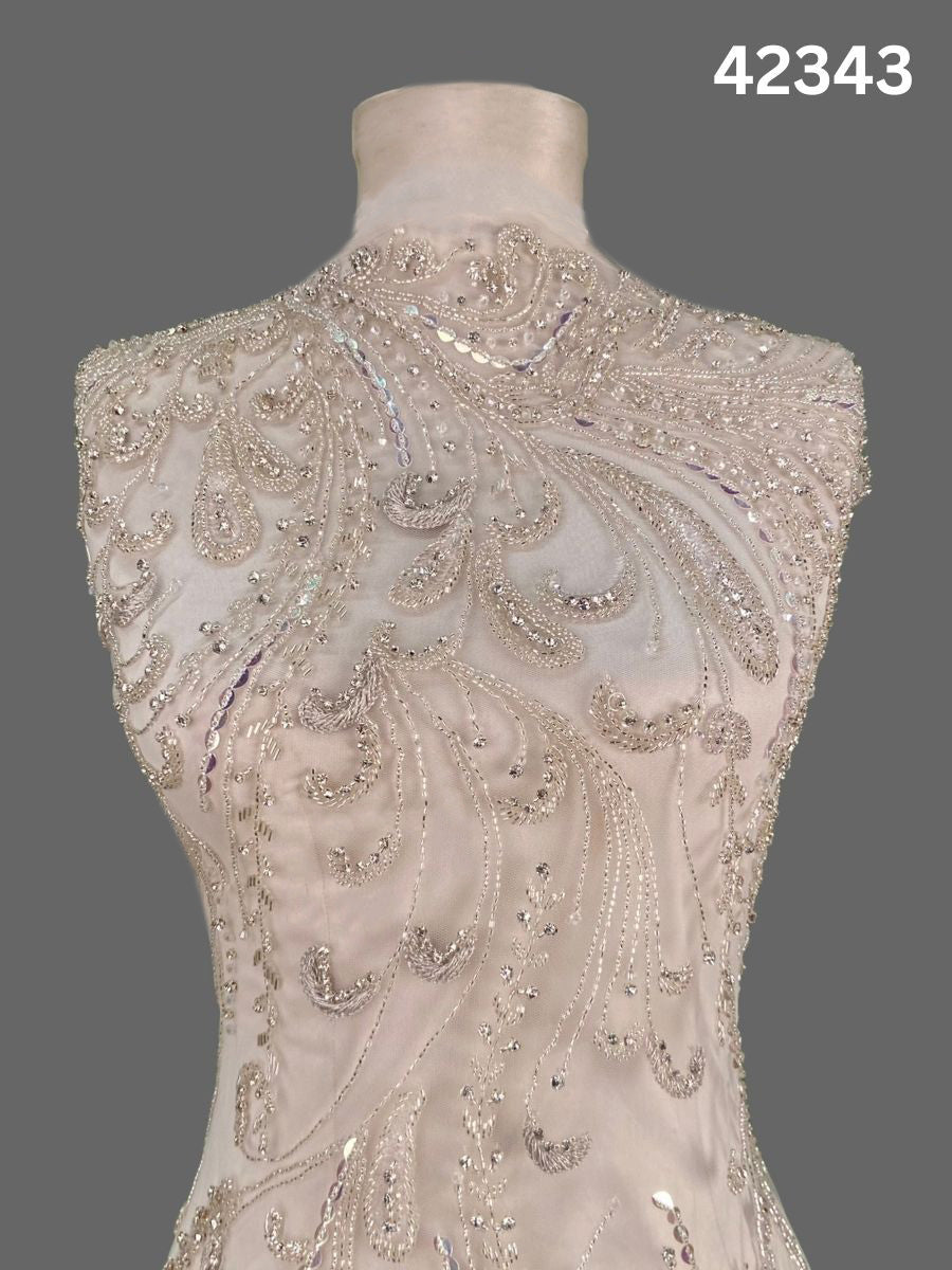 #42343 Exquisite Hand-Beaded Silver Bridal Fabric with Rhinestones, Beads, Sequins, and Intricate Thread Work for Timeless Elegance