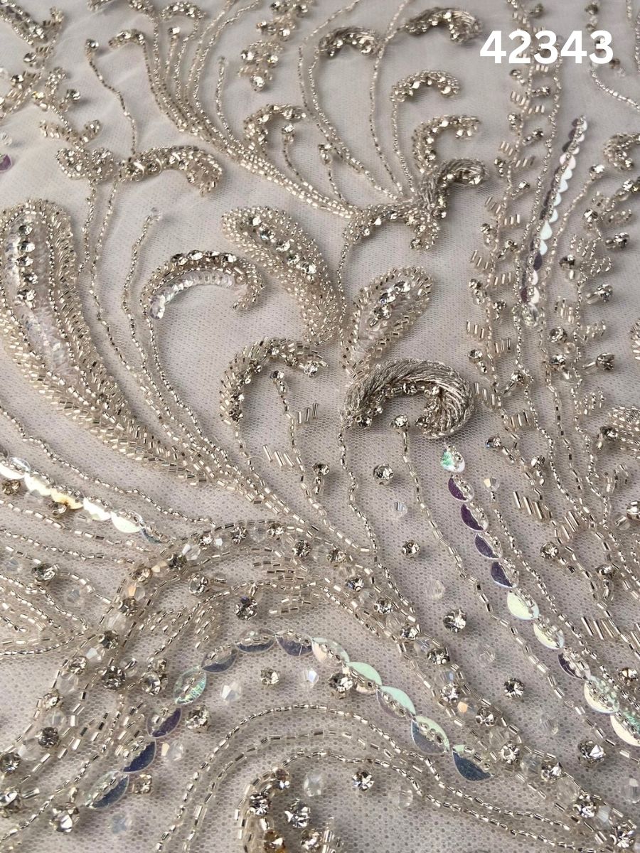 #42343 Exquisite Hand-Beaded Silver Bridal Fabric with Rhinestones, Beads, Sequins, and Intricate Thread Work for Timeless Elegance