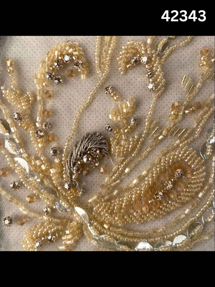 #42343 Exquisite Hand-Beaded Silver Bridal Fabric with Rhinestones, Beads, Sequins, and Intricate Thread Work for Timeless Elegance