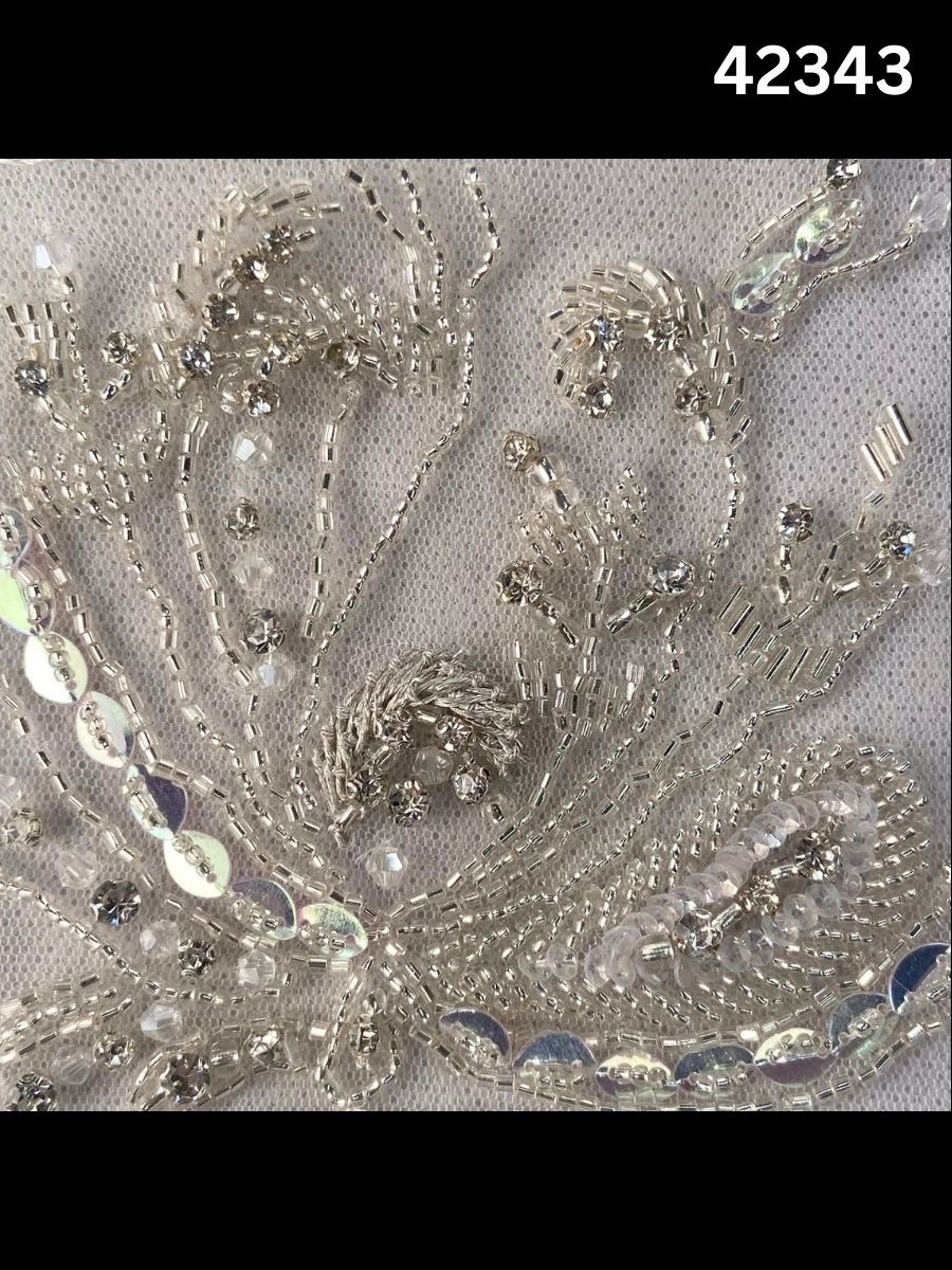 #42343 Exquisite Hand-Beaded Silver Bridal Fabric with Rhinestones, Beads, Sequins, and Intricate Thread Work for Timeless Elegance