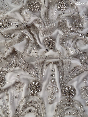 #42344 Elegant Floral Bridal Silver Fabric Adorned with Intricate Beading and Rhinestones – Perfect for Weddings and Special Occasions