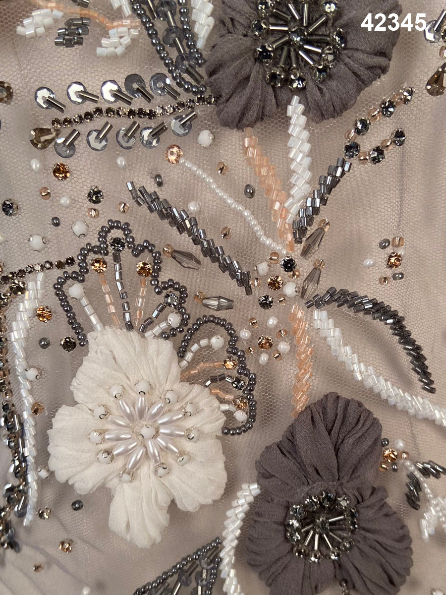 #42345 Floral Beaded Fabric with Exquisite Appliques, Beads, Sequins, and Threadwork Embellishments