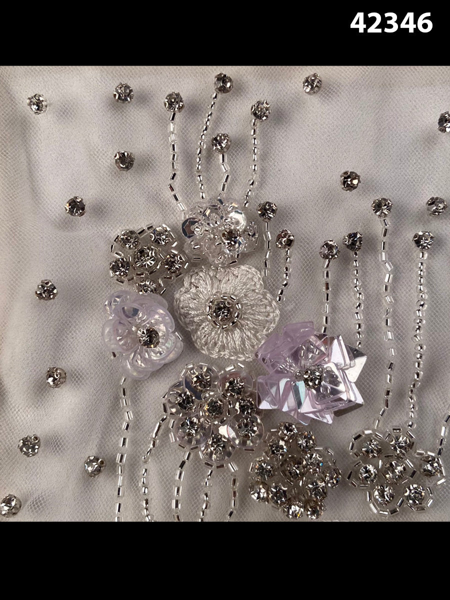 #42346 Exquisite Floral Beaded Fabric with Intricate Beads, Rhinestones, Thread Embroidery, and Sequins