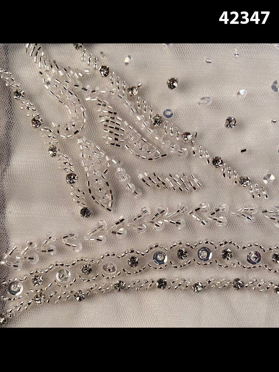 #42347 Exquisite Handcrafted Beaded Fabric with Intricate Beads, Sequins, Threadwork, and Rhinestone Embellishments