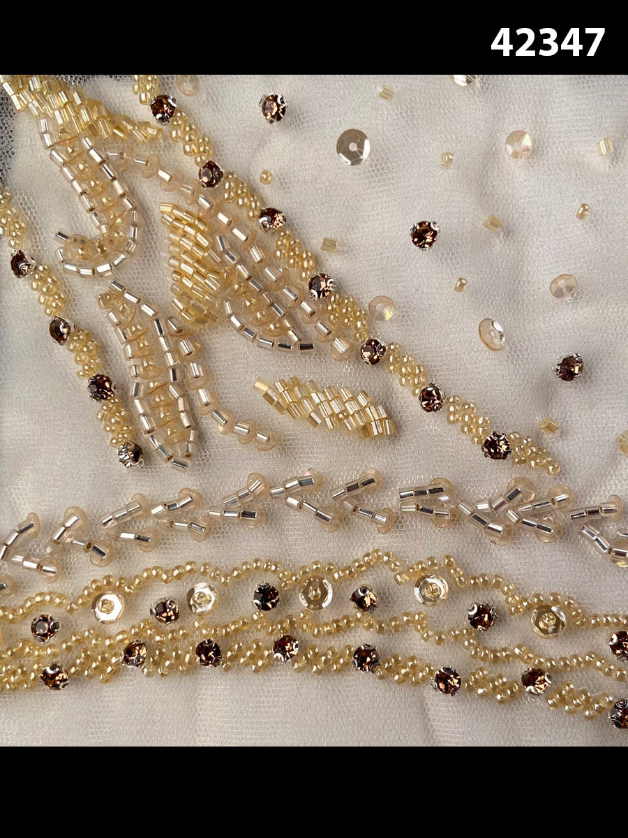 #42347 Exquisite Handcrafted Beaded Fabric with Intricate Beads, Sequins, Threadwork, and Rhinestone Embellishments