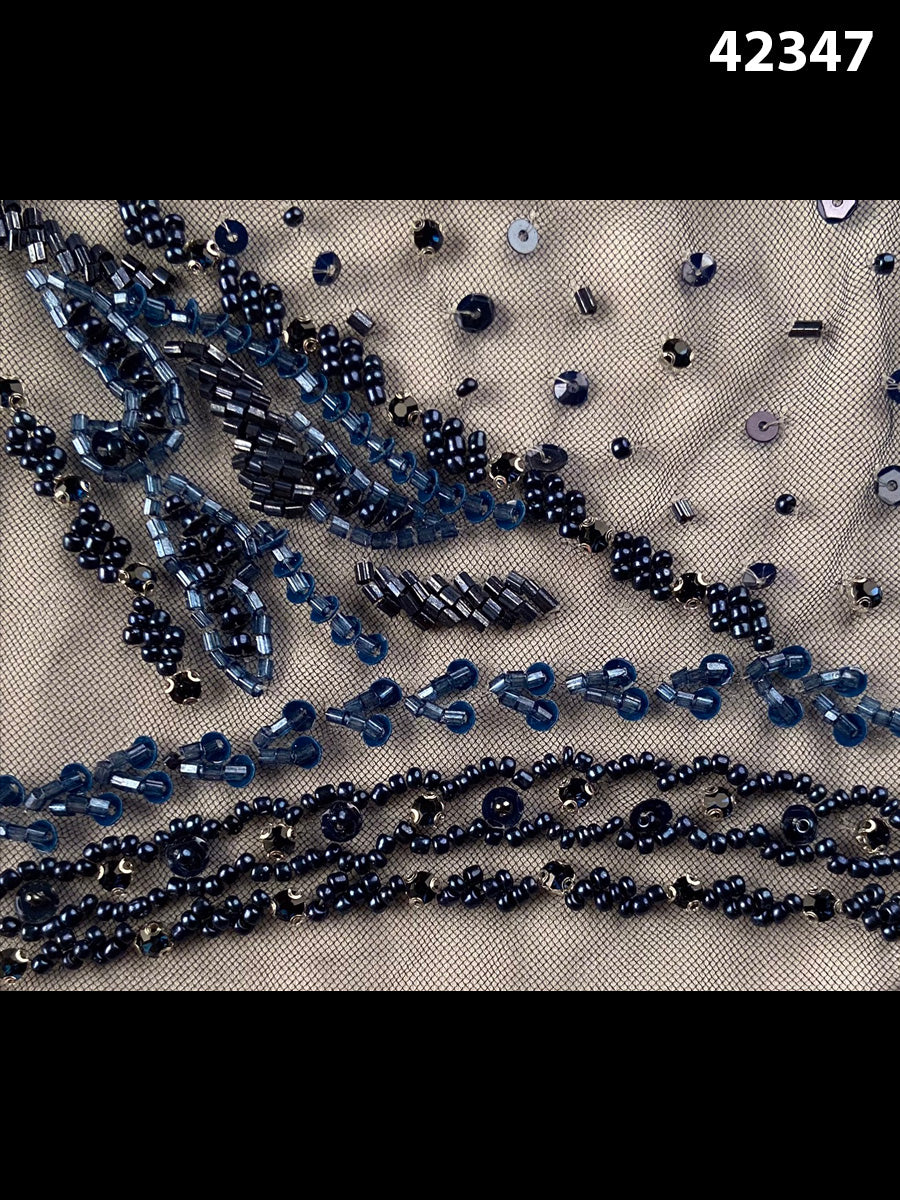 #42347 Exquisite Handcrafted Beaded Fabric with Intricate Beads, Sequins, Threadwork, and Rhinestone Embellishments