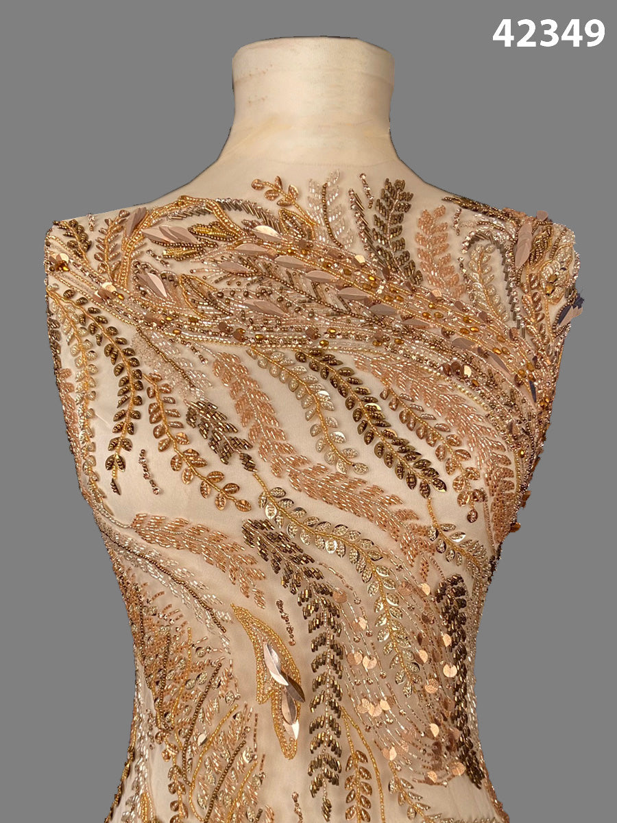 #42349 Exquisite Fabric Embellished with Beads, Sequins, Rhinestones, and Intricate Leaf Motifs