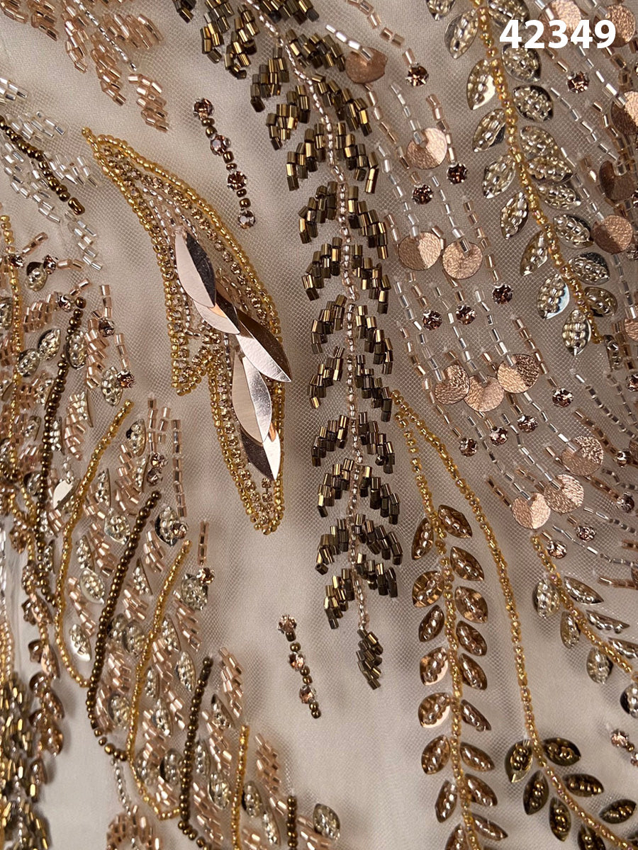 #42349 Exquisite Fabric Embellished with Beads, Sequins, Rhinestones, and Intricate Leaf Motifs