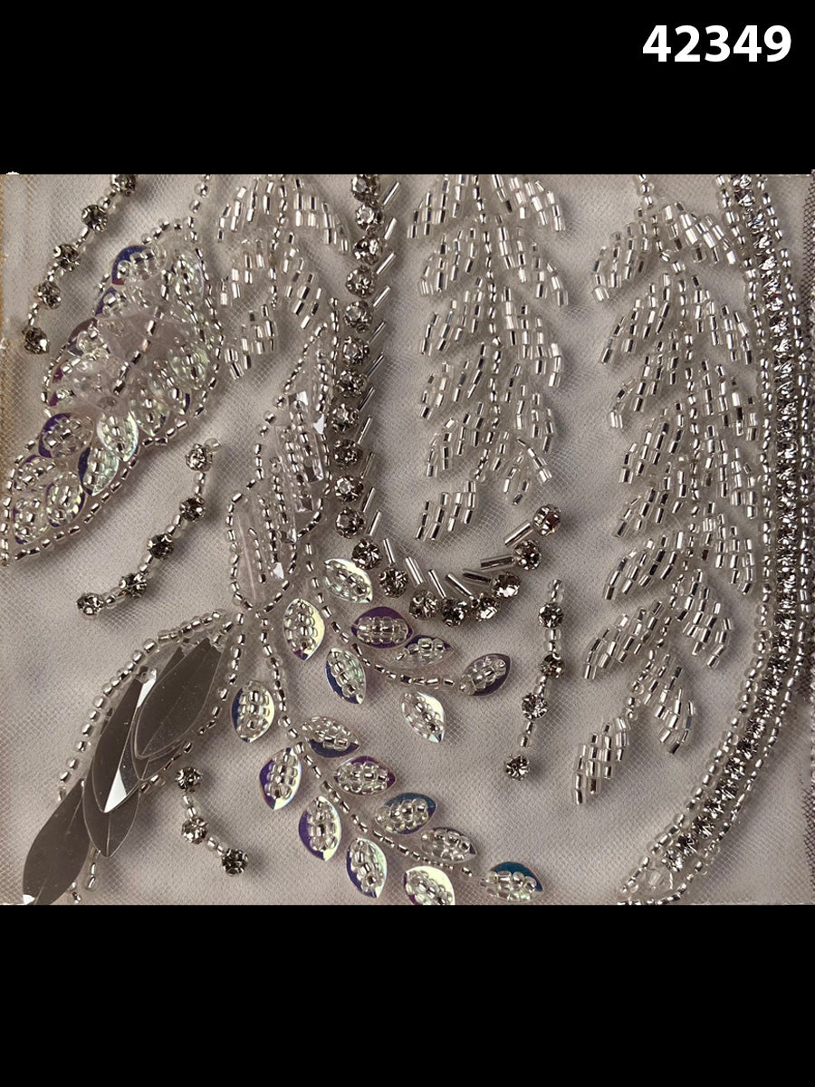 #42349 Exquisite Fabric Embellished with Beads, Sequins, Rhinestones, and Intricate Leaf Motifs