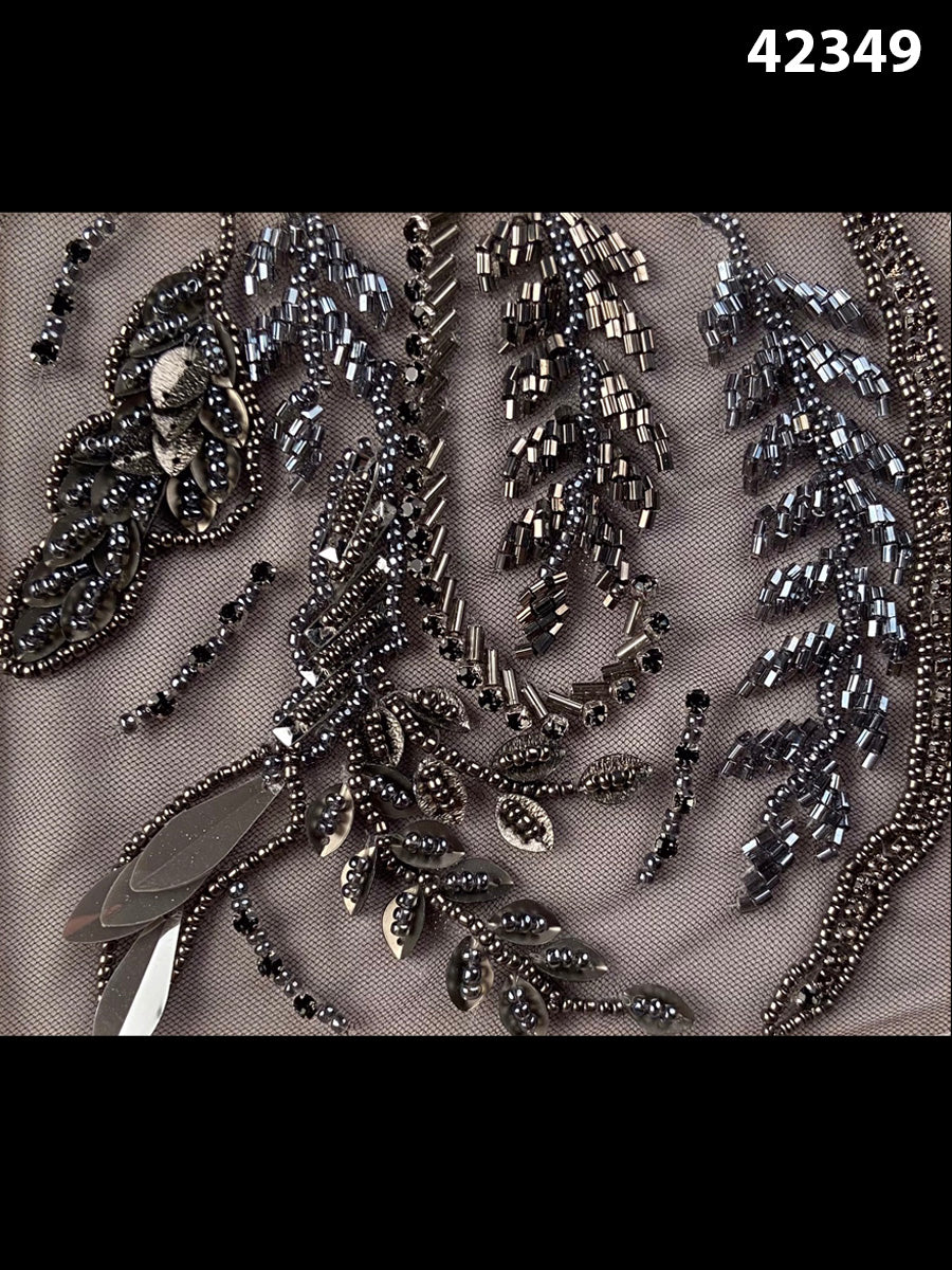 #42349 Exquisite Fabric Embellished with Beads, Sequins, Rhinestones, and Intricate Leaf Motifs