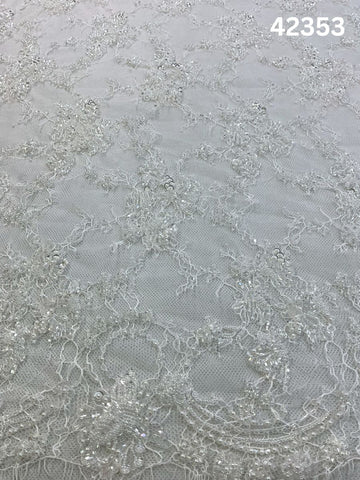 #42353 Ivory Floral Hand-Beaded Lace with Sequins, Thread work &amp; Beads – Delicate Artisan Surface for Timeless Couture