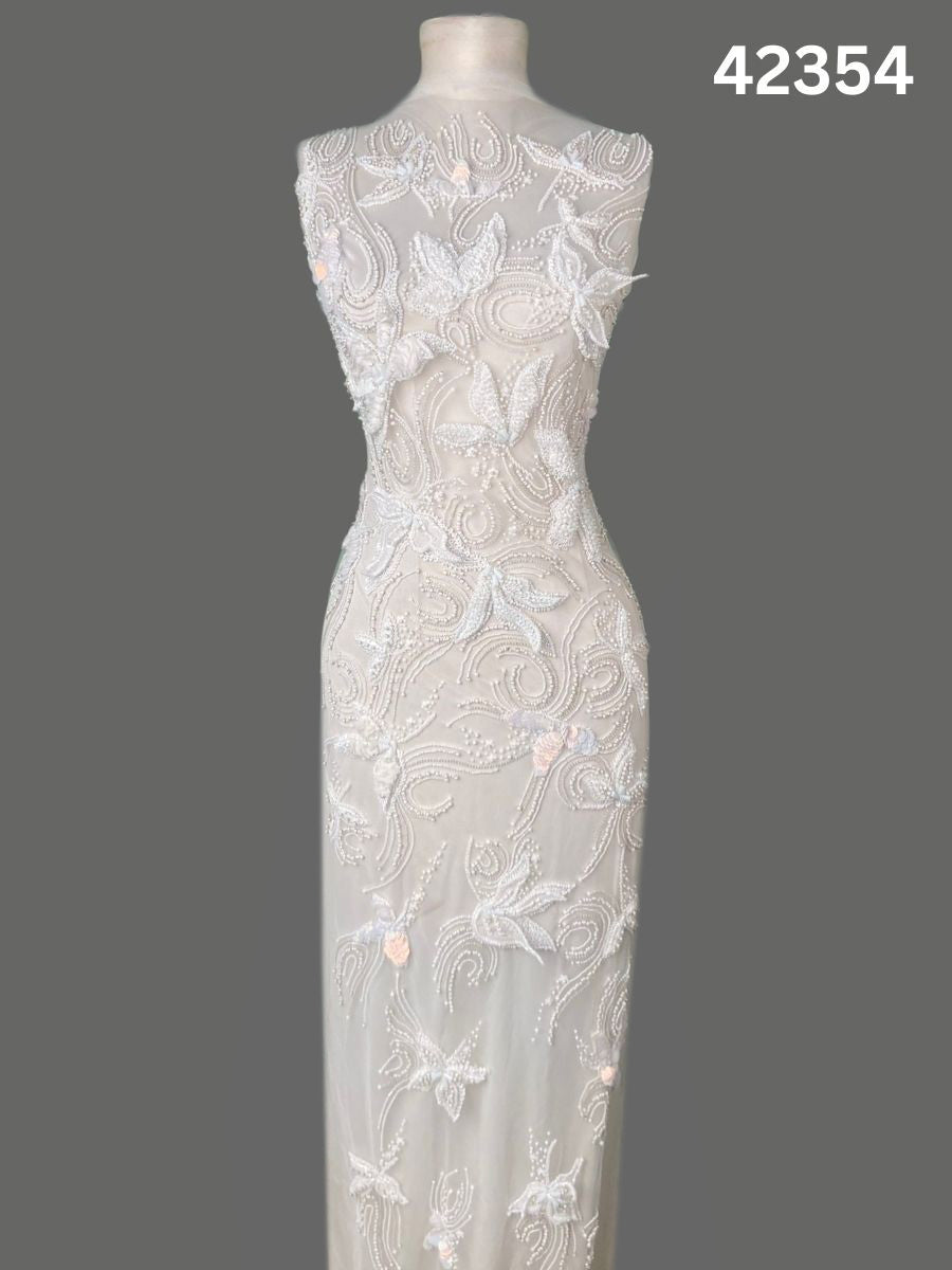 #42354 Luxurious Hand-Beaded Fabric with Intricate Floral Design – Embellished with 3D Appliqués, Sparkling Crystals, Sequins, Rhinestones & Micro Beadwork for Couture Gowns, Bridalwear & Evening Ensembles