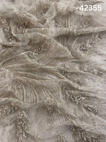 #42355 Opulent Hand-Beaded Fabric – Abstract Design Embellished with Crystals, Rhinestones, Beads, and Intricate Thread Work for High-End Creations