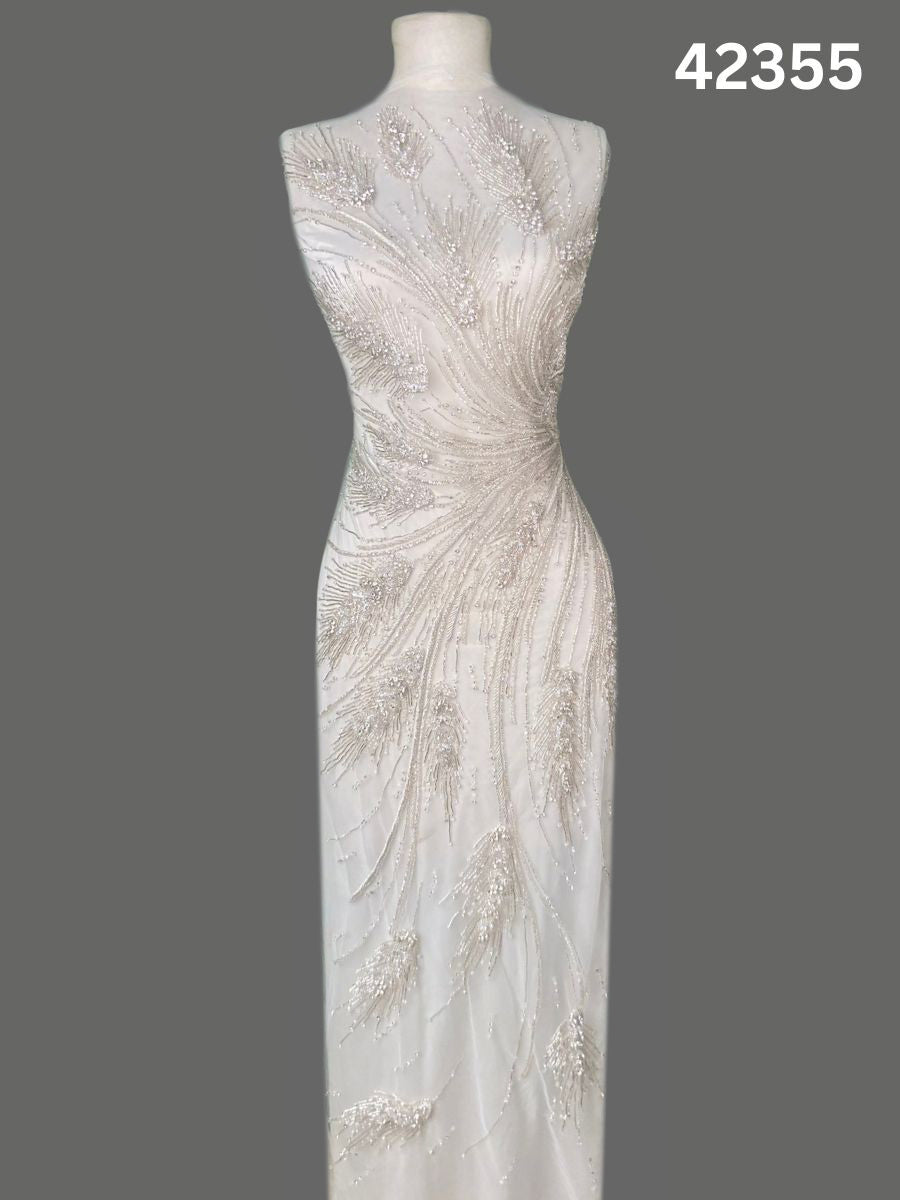#42355 Opulent Hand-Beaded Fabric – Abstract Design Embellished with Crystals, Rhinestones, Beads, and Intricate Thread Work for High-End Creations
