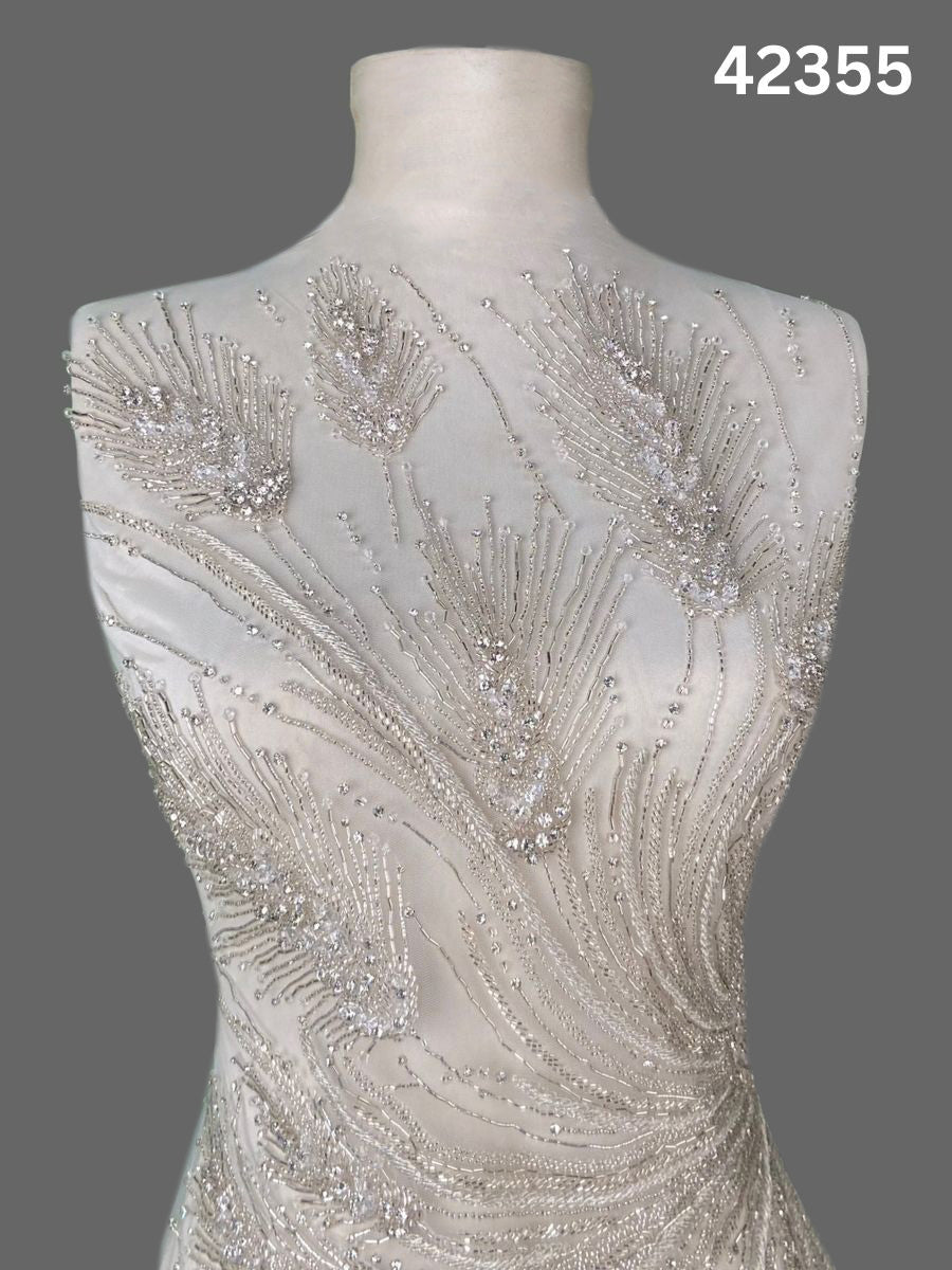 #42355 Opulent Hand-Beaded Fabric – Abstract Design Embellished with Crystals, Rhinestones, Beads, and Intricate Thread Work for High-End Creations
