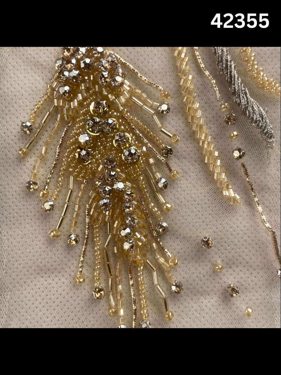 #42355 Opulent Hand-Beaded Fabric – Abstract Design Embellished with Crystals, Rhinestones, Beads, and Intricate Thread Work for High-End Creations