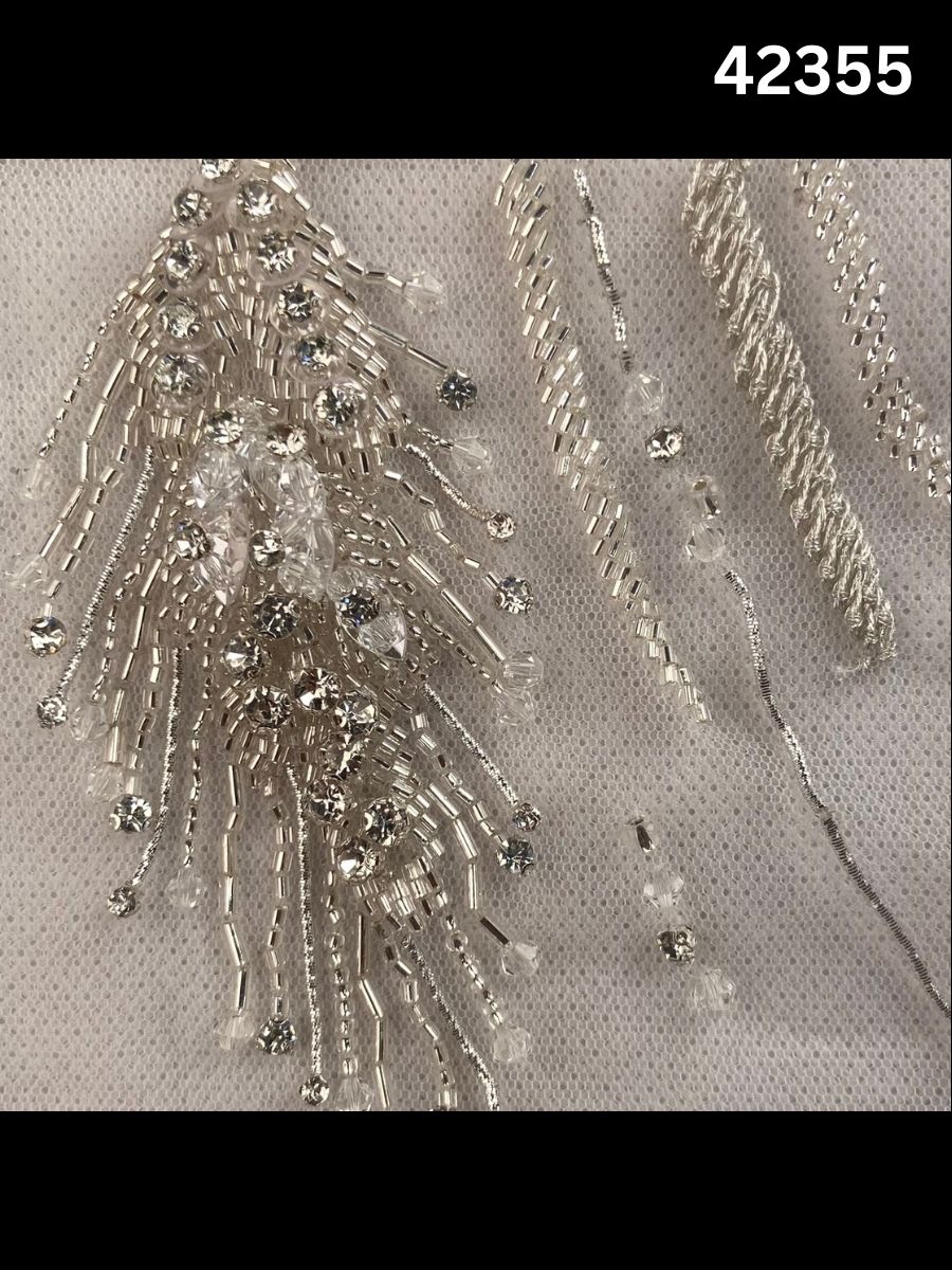 #42355 Opulent Hand-Beaded Fabric – Abstract Design Embellished with Crystals, Rhinestones, Beads, and Intricate Thread Work for High-End Creations