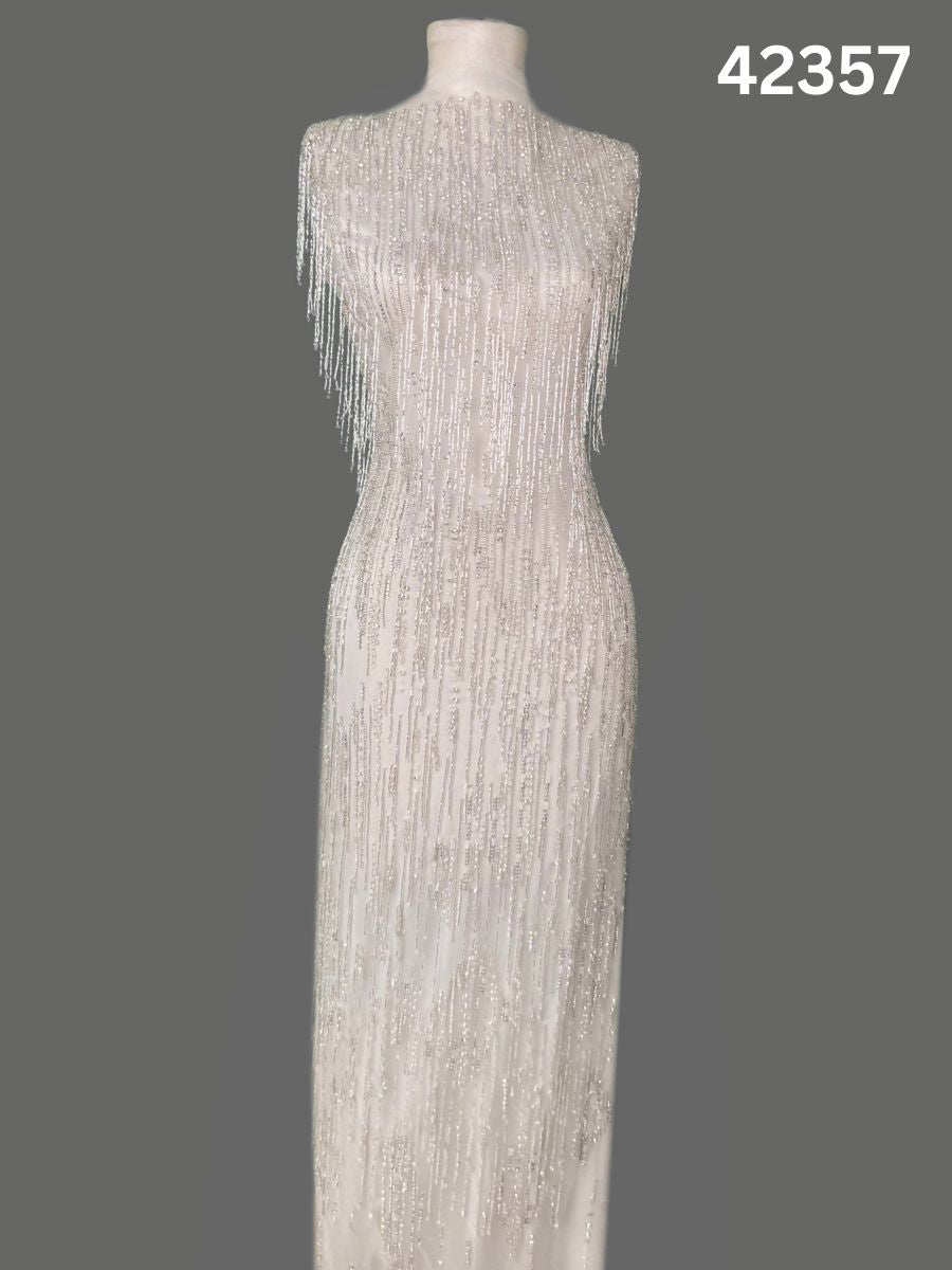 #42357 Hand-Beaded Tassel Fabric with Sequins, Rhinestones, Crystals & Beads – Luxe Embellished Textile for Couture & Occasionwear