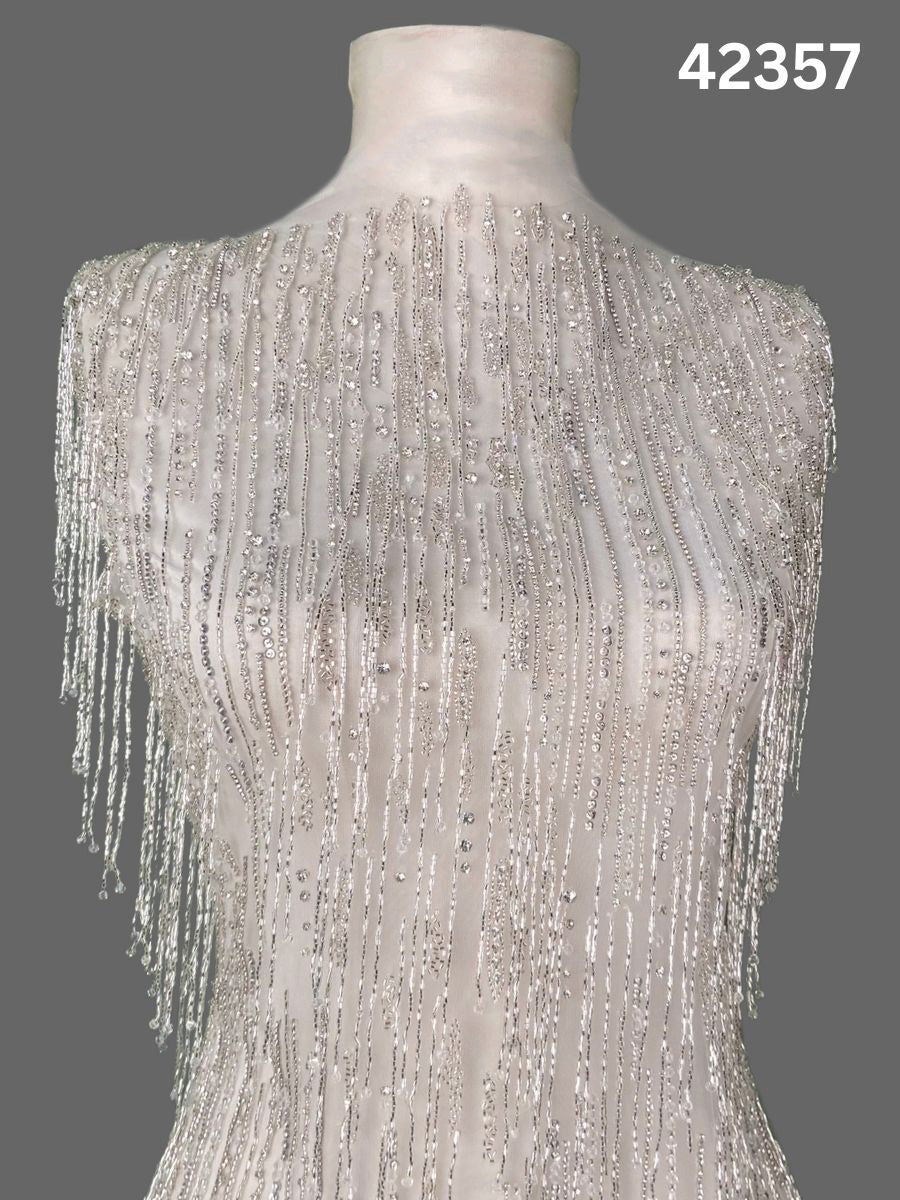 #42357 Hand-Beaded Tassel Fabric with Sequins, Rhinestones, Crystals & Beads – Luxe Embellished Textile for Couture & Occasionwear