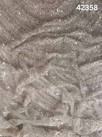 #42358 Luxurious Hand-Beaded Geometric Design Fabric with Intricate Beads, Sequins & Rhinestones – Couture Textile for Bridal, Eveningwear & Statement Pieces