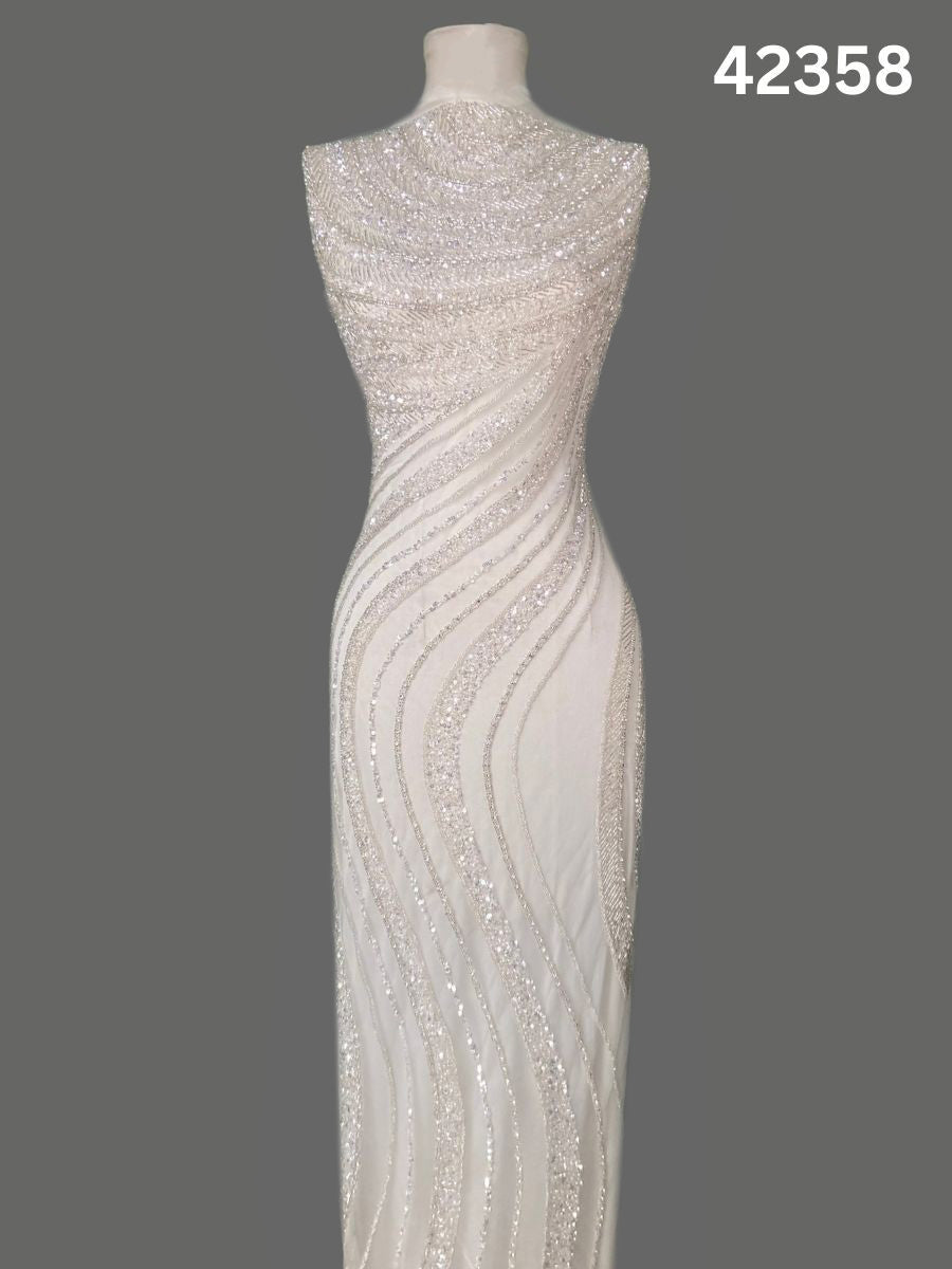 #42358 Luxurious Hand-Beaded Geometric Design Fabric with Intricate Beads, Sequins & Rhinestones – Couture Textile for Bridal, Eveningwear & Statement Pieces