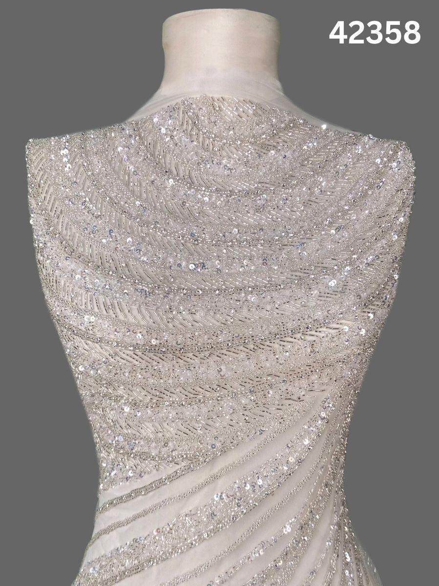 #42358 Luxurious Hand-Beaded Geometric Design Fabric with Intricate Beads, Sequins & Rhinestones – Couture Textile for Bridal, Eveningwear & Statement Pieces