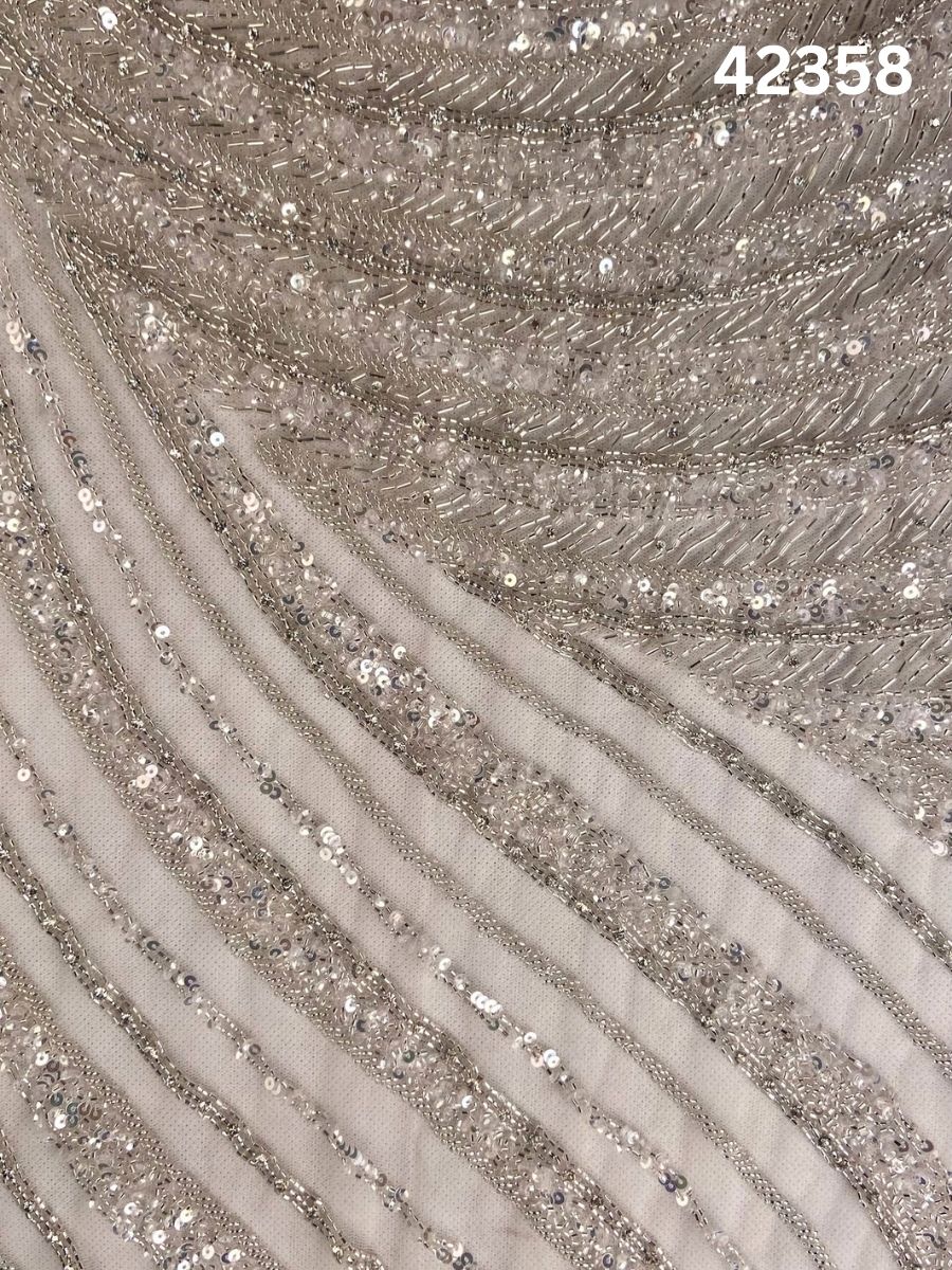 #42358 Luxurious Hand-Beaded Geometric Design Fabric with Intricate Beads, Sequins & Rhinestones – Couture Textile for Bridal, Eveningwear & Statement Pieces