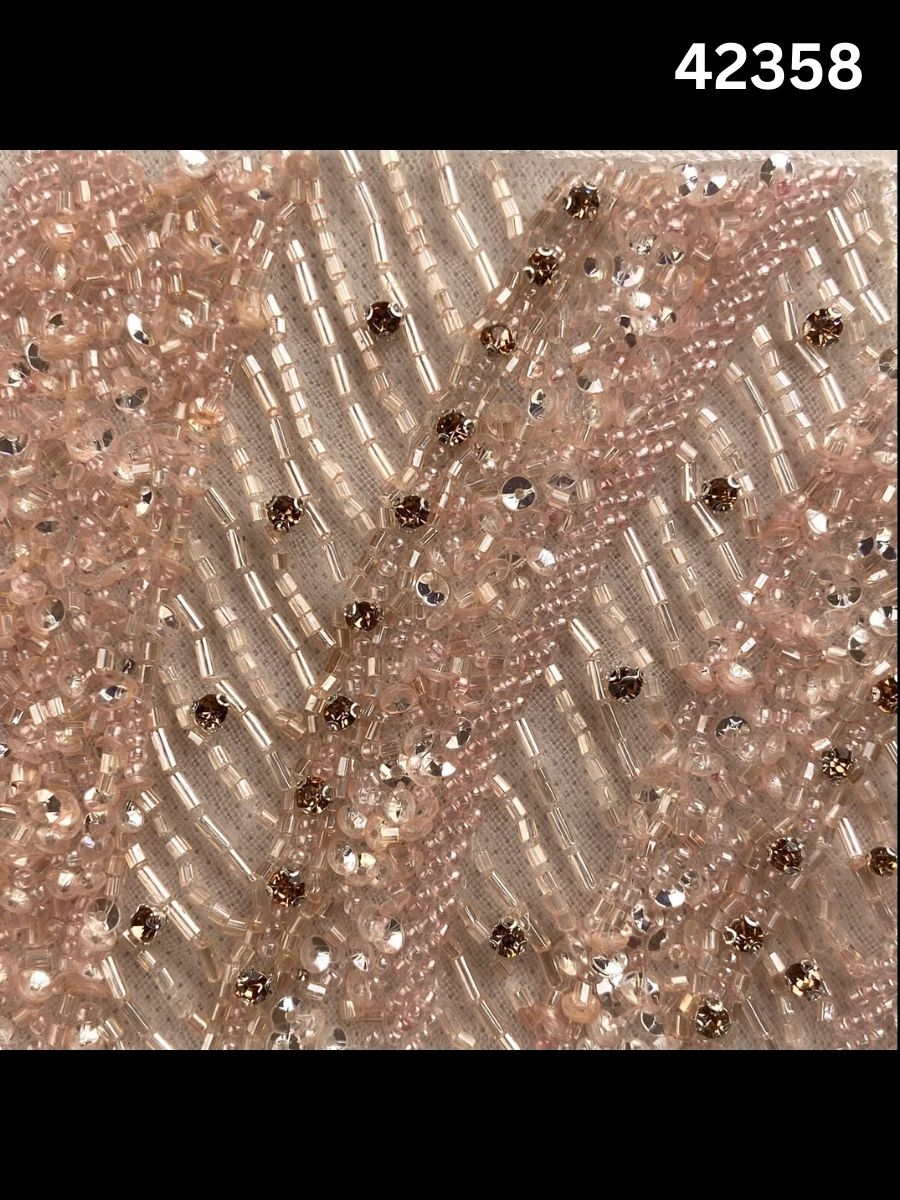 #42358 Luxurious Hand-Beaded Geometric Design Fabric with Intricate Beads, Sequins & Rhinestones – Couture Textile for Bridal, Eveningwear & Statement Pieces